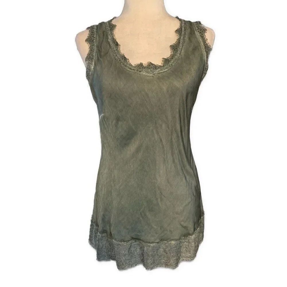 Baci Fashion Solid Green Lace Tank Top Medium Italy